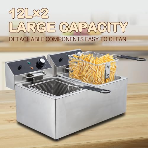 GarveeHome Commercial Deep Fryer - 12L x 2 Dual Tank, 24L /25Qt Capacity, 3600W, 110V, with 2 Frying Baskets, Countertop Deep Fryer with Temperature Control, Perfect for Kitchen & Restaurant