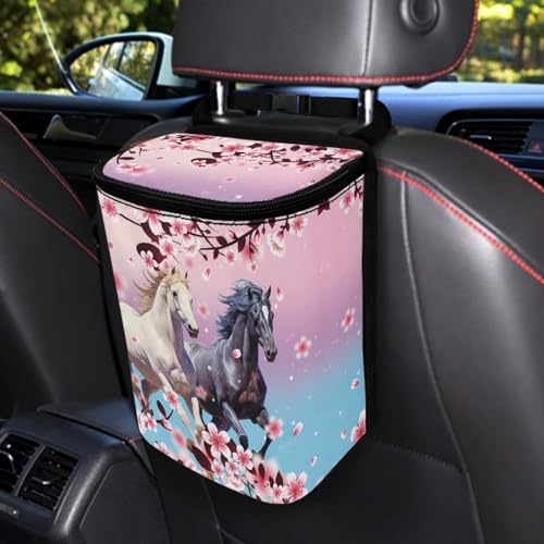 Image of Horse Animal Car Trash Bin Bag with Pink Cherry Blossom,Hanging Auto Garbage Can Waste Storage Bag Universal Fit Most Vehicle Truck SUV,Durable and Leak Proof