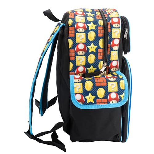 Image of AI ACCESSORY INNOVATIONS Super Mario Brothers Backpack, 16 inch Schoolbag with 3D Molded front pocket featuring Super Mario Characters Mario, Lugi, Princess Peach, Yoshi, & Boswer