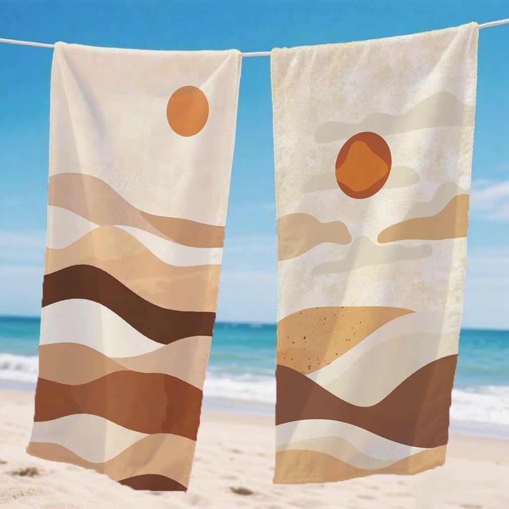 Waves Ręczniki plażowe dla dorosłych, ręcznik plażowy z mikrofibry, wzór zachodu słońca, 2-pak ręczników 90 x 180 cm z unikalnym zatrzaskiem, chłonny, bez piasku, funkcja szybkoschnąca, do pływania na