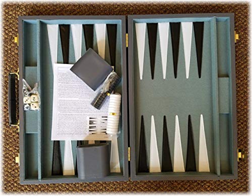 Matty's Toy Stop Deluxe 15" Backgammon Briefcase (Vinyl Gray Attache) With 3-In-1 Chess, Checkers & Backgammon Wooden Travel Games Set (8") #TOP5