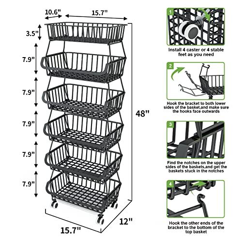6 Tier Fruit Basket For Kitchen, Fruit And Vegetable Storage Cart Stackable Wire Baskets With Wheels Vegetable Produce Basket Potato Onion Storage Bins Rack For Kitchen Pantry #TOP4