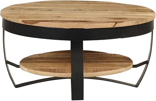 Rustic Solid Rough Mango Wood Coffee Table with Bottom Shelf for Indoor and Outdoor, Industrial-Style Round Coffee Table, Unique Handmade Vintage
