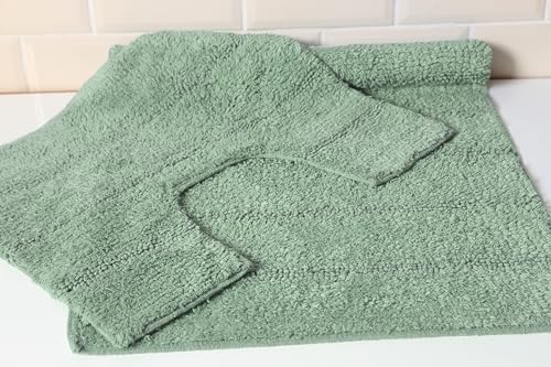 bentley priory linens Bath Mat Set 2 Piece Machine Washable Luxurious 2-Piece bath or shower mat & Pedestal Mat Subtle Wide Stripe Soft Absorbent Cotton (Sage Green)