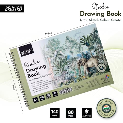 Image of BRUSTRO Artists Fineart Graphite Pencil Set of 12(10B-2H) with Elegant Tin Box With Studio Drawing Book,Blank 80 Pages, Wiro Bound, A4(8.3x11.7 inches), 140 GSM,Perforated Sheets|For Sketching,Writing