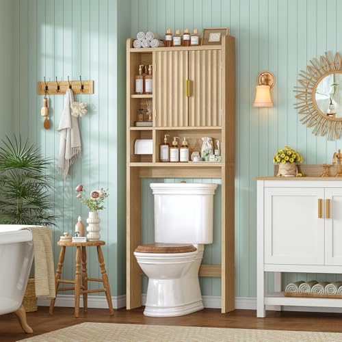 Image of TEENFON Over The Toilet Storage Cabinet with 4 Open Shelves and Adjustable Shelf, Extra Tall Bathroom Organizer Unit with 2 Wood Doors, Home Space Saver for Bathroom, Laundry Room, Natural