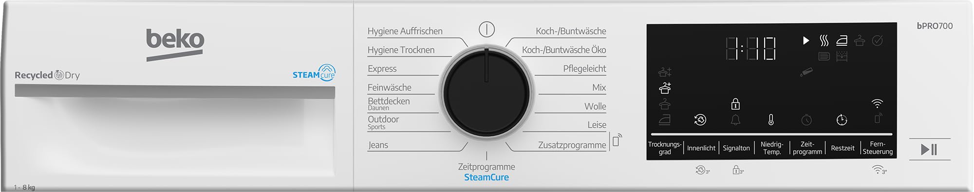 Beko B7TDT8820A Wäschetrockner, 8 kg, Frontlader Wärmepumpentrockner, 15 Programme, HomeWhiz, SteamCure, Sensortrocknung, Leise-Programm, Aquawave Schontrommel, Säulenfähig, Weiß