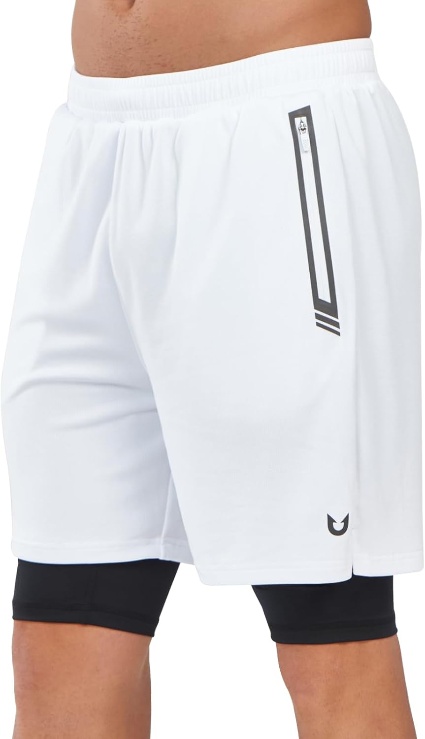 NORTHYARD Men's 2 in 1 Running Shorts Workout Gym Athletic Shorts with Liner Active Training Shorts with Zipper Pockets 3X-Large White