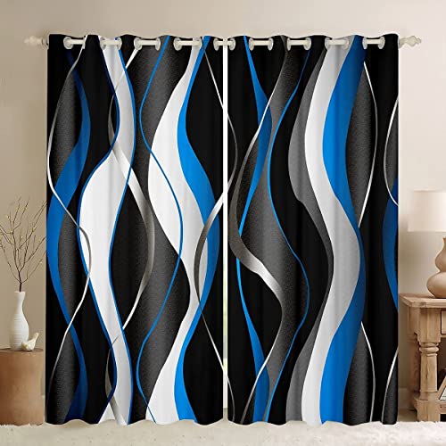 Loussiesd Blue Black Curtains Geometric Spiral Pattern Window Drapes for Kids Boys Girls Modern Abstract Blackout Curtain Grey White Window Treatments W52*L90