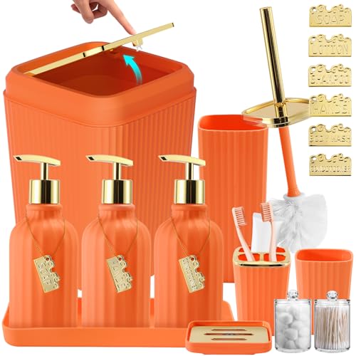 WSBArt 17PCS Bathroom Accessories Set Orange Bathroom Set Bathroom Accessories Set with Trash Can Toilet Brush Toothbrush Holder Qtip Holder & 3PCS Soap Dispenser