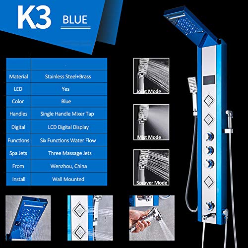 Panel de ducha hidroeléctrico azul y negro, columna de ducha con LED, lluvia y cascada, pantalla digital LCD y rociador bidet miniatura 2