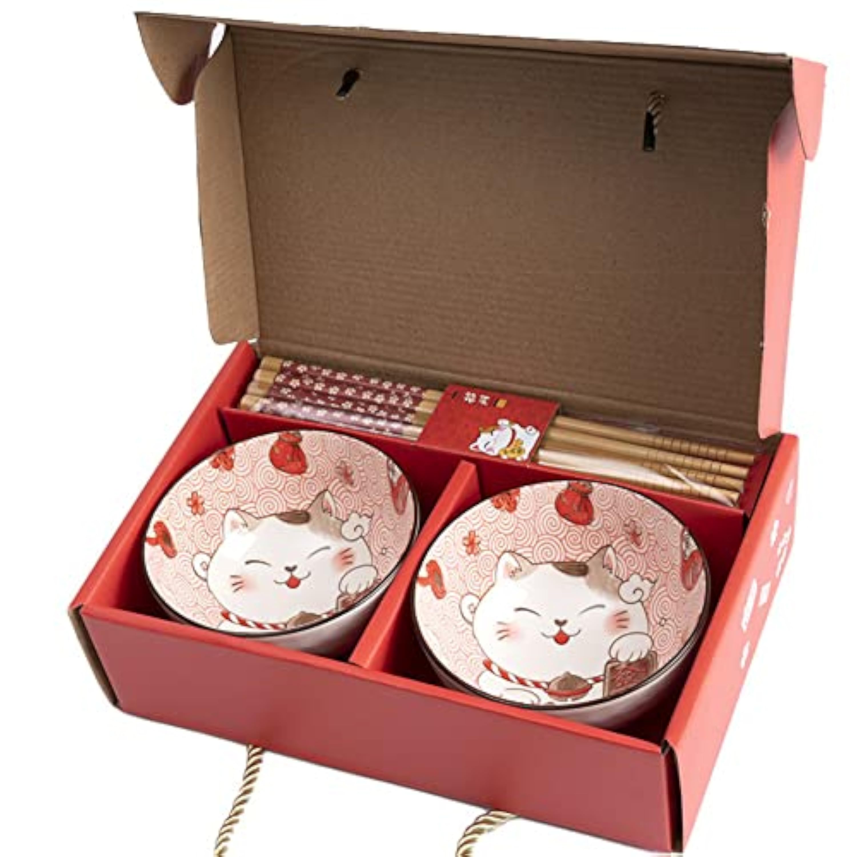 Lachineuse Maneki Neko - Juego de cuencos para arroz, desayuno y sopa, vajilla japonesa de porcelana con palillos, gato de la suerte, regalo japonés - Deco Kawaii Japón