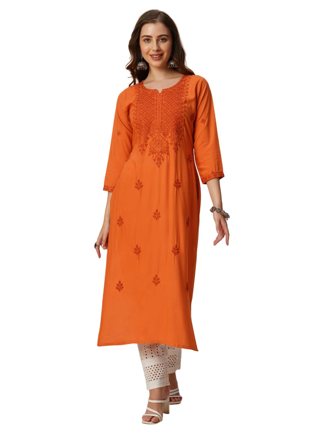 Campus Sutra Rayon Straight Lucknowi Chikankari Ethnic Wear Kurta for Women in neutral