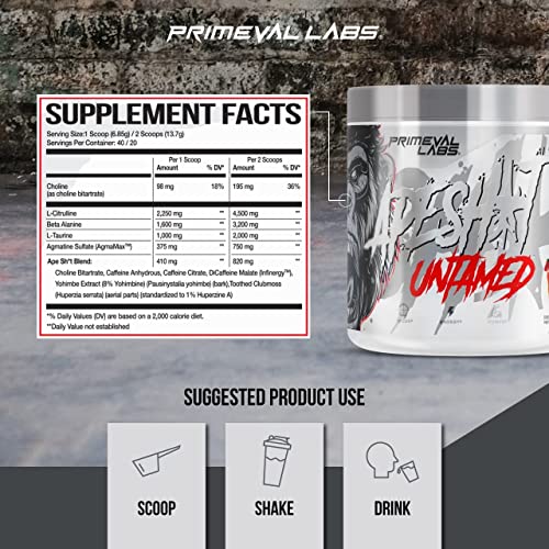 Primeval Labs Ape Untamed Pre Workout Energy Drink Powder | Max Support For Pumps & Focus | Nitric Oxide Production Preworkout Energy With L-Citrulline, Beta Alanine, Strawberry Lemonade 40 Servings #TOP1
