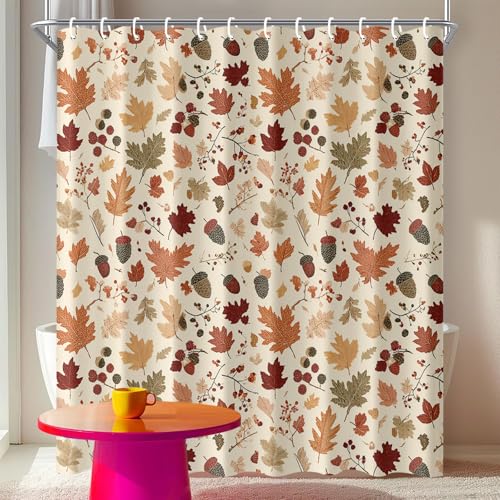 IOHEFY Autumn Leaves Shower Curtain 72x72 Inch with Hooks Fall Maple Leaf and Acorn Design Fabric Bathroom Decor with Rustic Harvest Pattern for Seasonal Thanksgiving Bathtub
