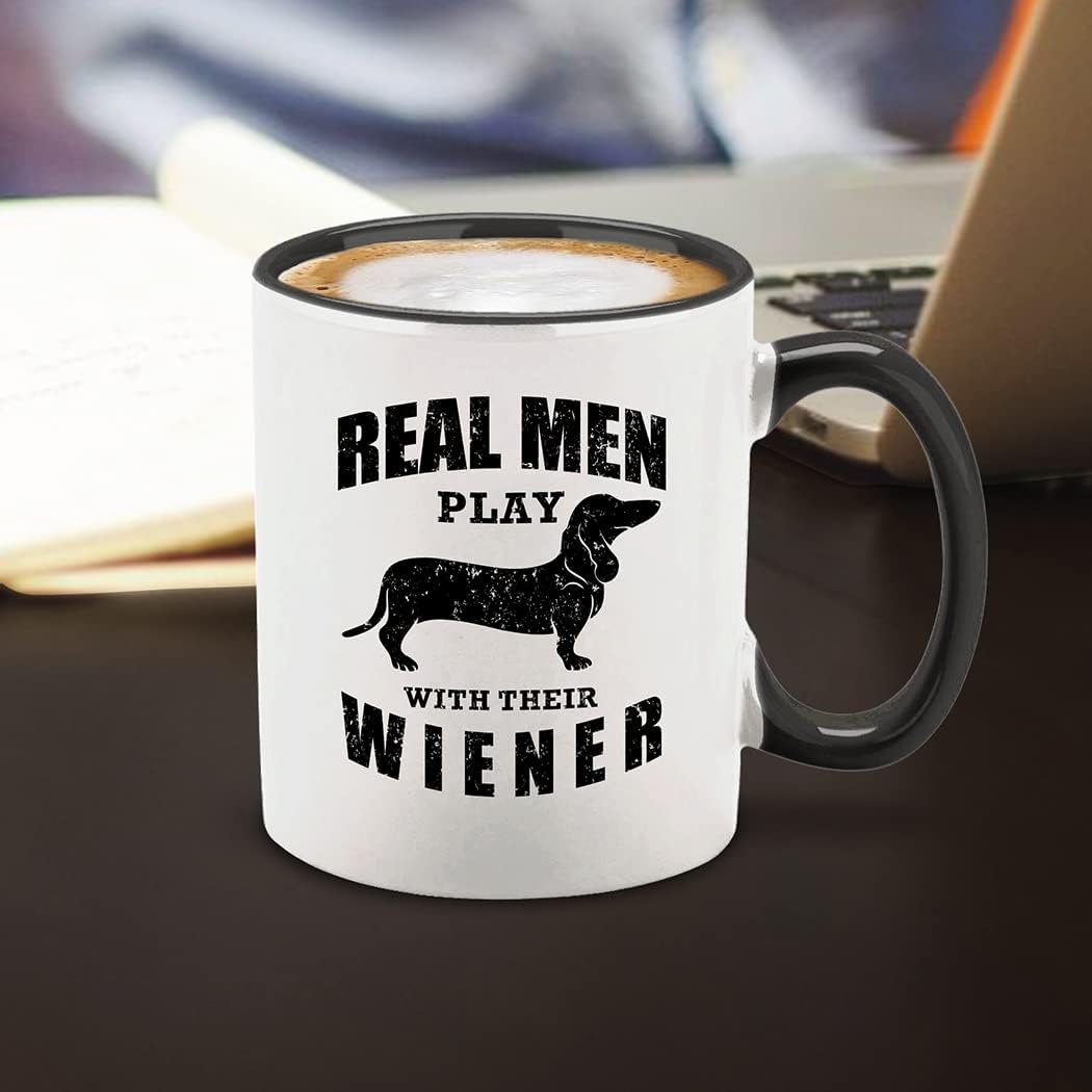 shop4ever Dog Dad Ceramic Coffee Mug Real Men Play with Their Wiener Funny Doxie Dachshund Wiener Dog Design Black Handle 11 oz Novelty Gag Gift Mug for Dog Lovers Birthday Christmas Fathers Day