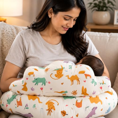 Image of Proliva Feeding Pillow for New Born Baby with Detachable Cover Breast Feeding & Maternity Nursing Pillow for Breastfeeding Support for Baby Feeding Pillow for Mom (Off White-Camel-B2)
