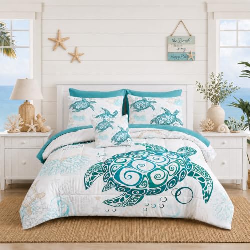 MOVE OVER Sea Turtle Comforter Set with Sheet Set 8 Pieces Bed in a Bag King Size Coastal Bedding Set Ocean Style Beachy Comforter Set Soft Microfiber Turquoise Sea Turtle Bedding Set