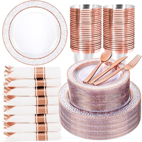 Ciaell 350PCS Rose Gold Plastic Plates - Clear Rose Gold Disposable Plates with Plastic Silverware include 100Plates 150Silverware 50Cups 50Napkins for Wedding & Party