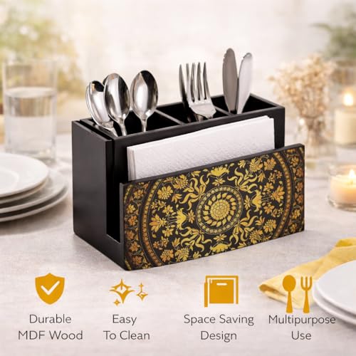 Image of Reinvention Factory Wooden Cutlery & Tissue Holder for Dining Table | Designer Spoon Stand & Napkin Holder Organizer | MDF Wood Kitchen Cutlery Stand with Compartments | Dining Table Decor Organizer