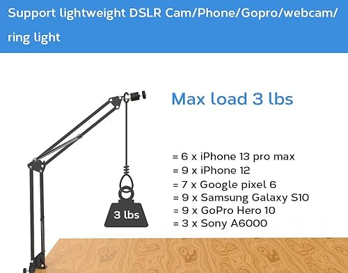 Miniatura 4 de Soporte de trípode para cámara web, brazo flexible sobre la cabeza para iPhone con soporte para teléfono y cabezal, accesorio de soporte de mesa