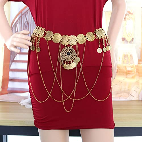 Vintage Flower Turquoise Chain Belts Silver Pear coin Pendant Metal Waist Belt Western Body Jewelry for for Women Dress Vest Jeans for Waistline 25-45inch (Gold Plated)3