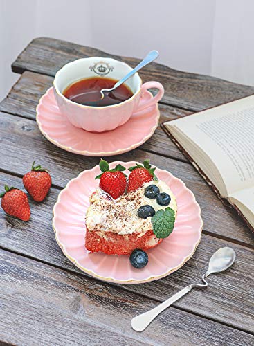 Amazingware Royal Tea Cups And Saucers, With Gold Trim And Gift Box, British Coffee Cups, Porcelain Tea Set, Set Of 6 (8 Oz)- Pink #TOP5