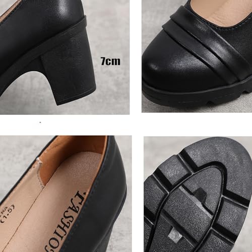 Women's Classic Leather Mid-Heel Chunky Heels Pumps Leisure Closed Round Toe Slip-On Platform Dress Pump Shoes Office Party Wedding Shoes2