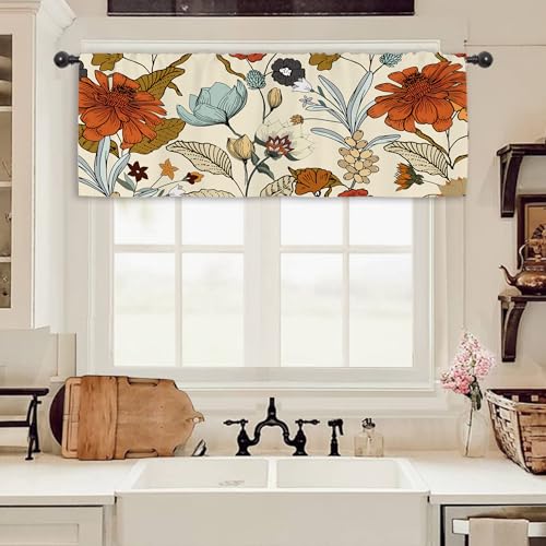 Miyotaa Vintage Flower Kitchen Curtain Valance 54W x 18H Rod