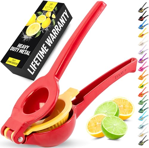 Image of Zulay Kitchen Metal 2-in-1 Lemon Squeezer - Sturdy Max Extraction Hand Juicer Lemon Squeezer Gets Every Last Drop - Easy to Clean Manual Citrus Juicer - Easy-Use Lemon Juicer Squeezer - Red /Yellow