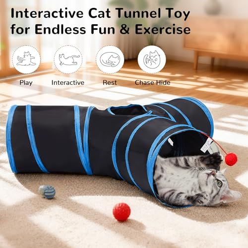 Image of Tempcore Cat Tunnel for Indoor Cats, 3 Way Collapsible Pet Play Tunnel with Teaser Wand, Peek Holes & Hanging Ball, Interactive Tube for Kittens & Rabbits, Black & Royal Blue