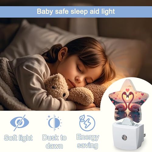 Image of Beach Flamingos Night Lights Plug Into Wall,Romantic Love Heart Star Night Light for Kids,Nightlight with Dusk to Dawn Smart Sensor for Bedroom Bathroom Decor,Children Women Men Gift
