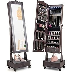 Estanteria Cajones Madera HOMASIS 2 en 1 Joyero con Espejo de Cuerpo Entero y LEDs, Joyero Móvil 360° con 3 Cajones y 4 Estantes de Madera, Armario con Espejo y Cerradura con Cadena y Anilla, Blanco/Marrón (Marrón)