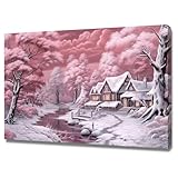  SHYAMIC Rose Art Décoration Murale Toile, Scène de neige d’une petite ville Tableau Famille Salon Art Mural Décoration Murale -50x70cm Encadrée