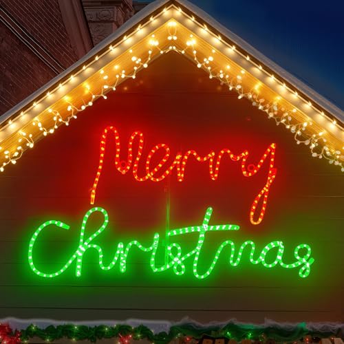 HeliosRibbon 48-inch Large Merry Christmas LED Motif Light, Outdoor Christmas Decoration Waterproof LED Sign, for Festival Roof Window Wall Home Commercial Holiday Party Decor, Green and Red