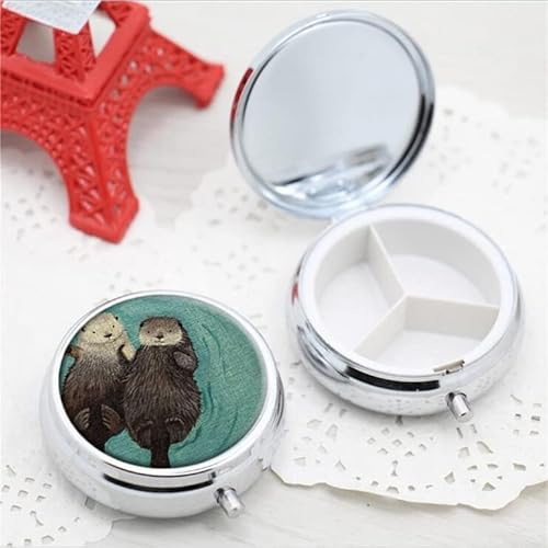 Luxsweet Pill Box,Pill Case For Purse Pocket Pill Organizer With 3 Compartments Silver 2.1 Inches Portable Vitamin Medicine Case Holder (Cute Sea Otter) #TOP6