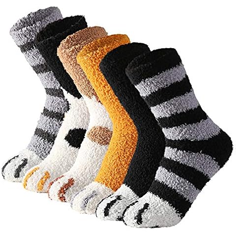 Tosewever 6 Pairs Women Warm Super Soft Plush Slipper Cat Paw Socks, Winter Fluffy Microfiber Fuzzy Cozy Socks Cute Cat Claw for Home Sleeping Indoor Cover