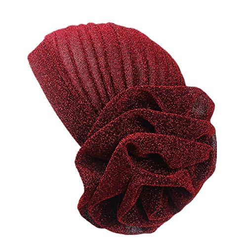 Fxhixiy Women Elastic Glitter Big Flower Turban Beanie Head wrap Hair Loss Chemo Cap Hat (Wine)