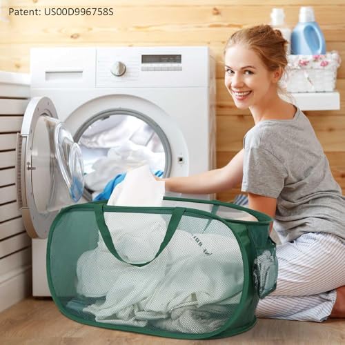 Image of Sturdy Mesh Pop Up Laundry Hamper, Collapsible Laundry Baskets with Side Pocket, Foldable Clothes Hamper with Reinforced Carry Handles for Laundry, Bathroom, Kids Room, Dorm or Travel Emerald