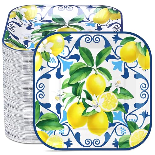 Yungyan 100 Pcs Capri Lemon Party Plates 7 Inch Yellow Lemon Paper Plates Citrus Fruit Disposable Decorative Tableware for Birthday Wedding Bridal Baby Shower Summer Party Decorations Supplies
