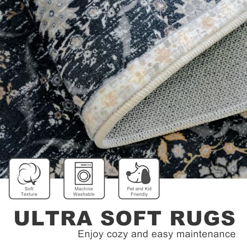 KILOCOCO 2x6 Runner Rug, Moroccan Super Soft Washable Hallway Runner Rug, Accent Print Faux Wool Kitchen Runner Rug 6 Feet Non-Slip Rug Runners for Laundry Room Bedroom, Black/Navy Blue/Multi