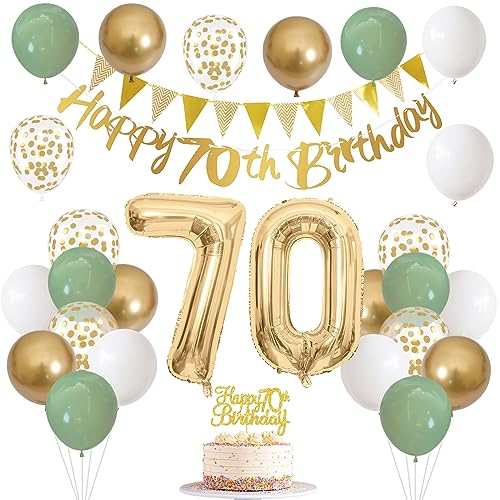 Image of Sage Green White Gold 70th Birthday Balloons with Happy 70th Banner, Cake Decoration Number 70 Balloon for 70 Year Old Party Decor