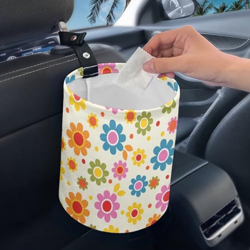 Image of Cute Hippie Flower Mini Car Trash Bin Car Garbage Can Car Storage Bag Waterproof Multipurpose Car Organizer Car Accessories for Women Interior