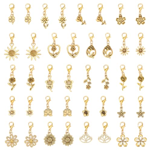 PH PandaHall 40pcs Flower Clip on Charm Pendants 20 Style Antique Golden Blossom Charms Metal Dangle Charms with Lobster Clasp for Jewelry Making Necklace Bracelet Earrings Purse Zipper DIY Craft