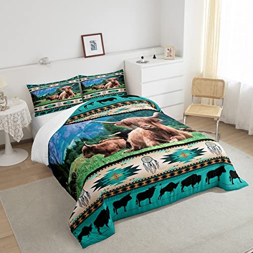 Highland Cow Comforter Set Ethnic Tribe Arrow Longhorn Bull Cattle Bedding Set,Cowgirl Farm Animals Duvet Insert Exotic Nordic Style Dream Catcher Quilt Queen,African Tribal Geometry Room Decor #TOP3