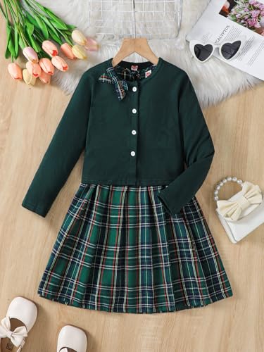 Image of PureChapter Girls' Preppy Clothes Plaid Vest Dress Cardigan Jacket Belt Cute Kids Clothes 7-14Y Green