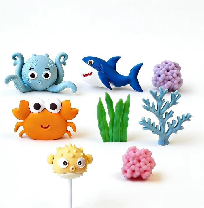 Under the Sea Cake Decorations 3D Ocean Theme Cake Decoration Sea Animals Cake Toppers with Octopus Shark Crab Pufferfish Under the Sea Theme for Boys Girls Baby Shower Party Supplies
