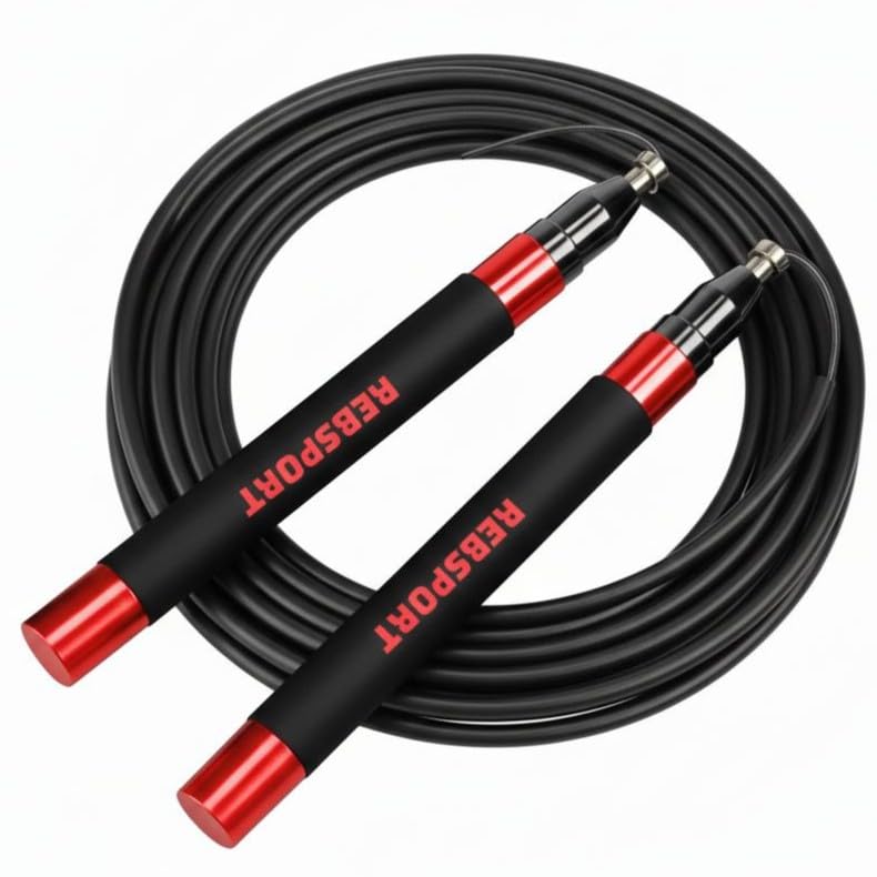 Corda per Saltare Professionale da Crossfit REBSPORT Regolabile e Autobloccante con Polsini in Regalo e 2 Cavi in Acciaio da 2.5mm ideale per double under