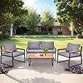 VINGLI Patio Furniture Set 4-Piece Metal Outdoor Conversation Set with Cushions, Patio Set with Acacia Wood Armrest and Tabletop