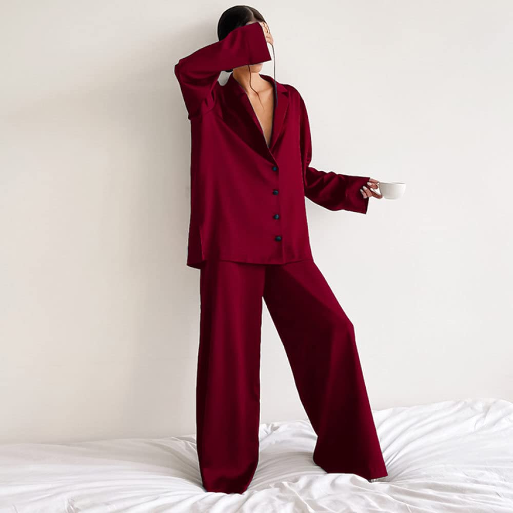 Ensembles De Pyjama Femme,Ensemble De Vêtements De Nuit À Manches Longues À Col en V Rouge Femmes Pyjama Deux Pièces Personnalité Douce Sexy Cadeau De Festival Loungewear Décontracté pour Sœ